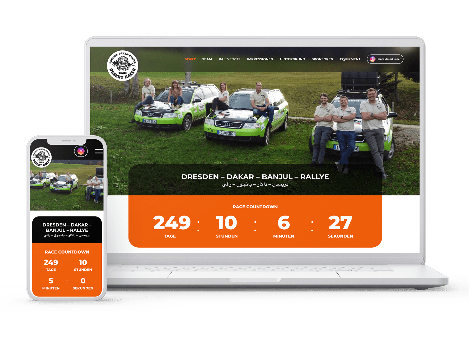 Laptop- und Handyansicht von Team Desert Racer