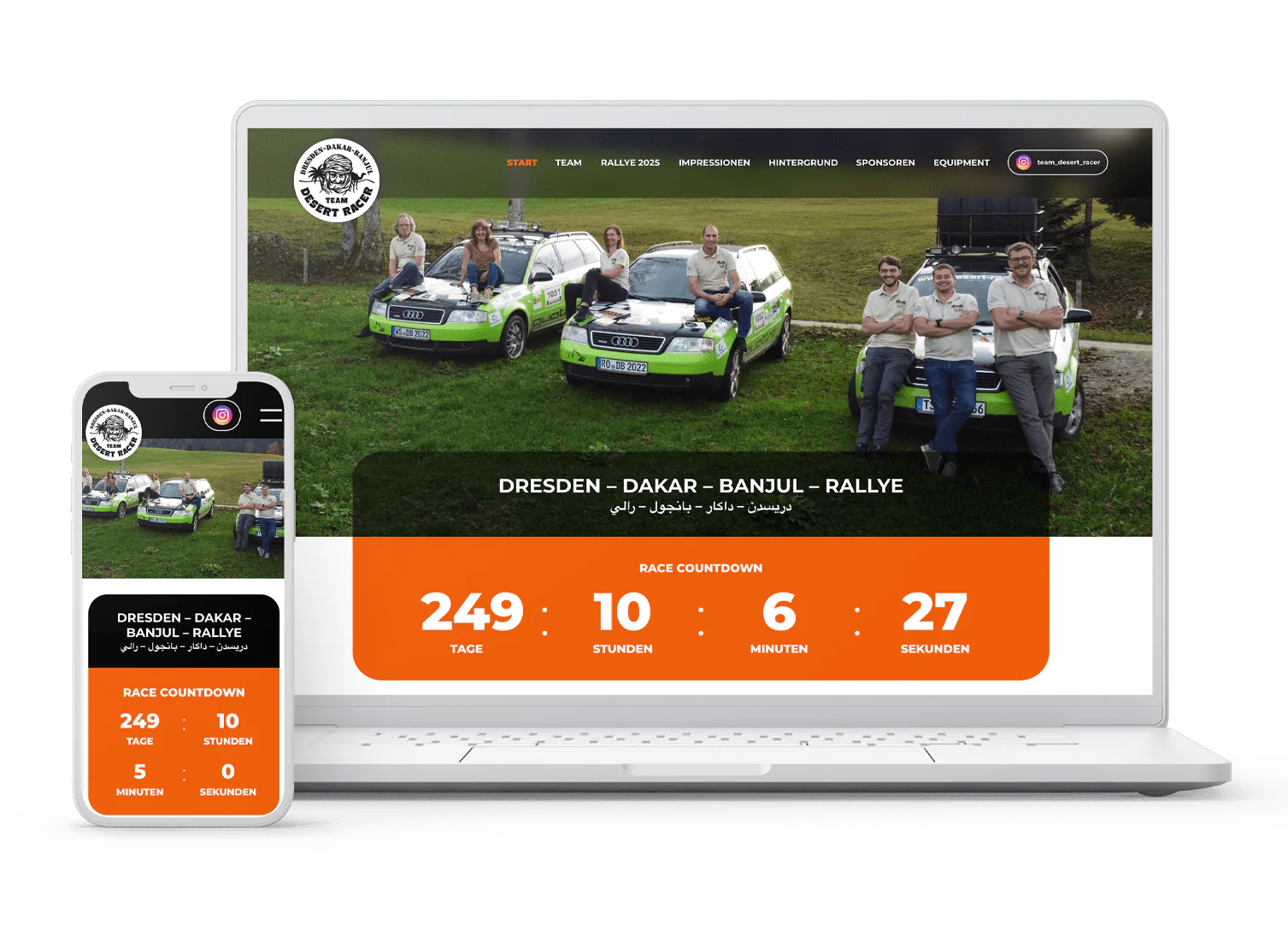 Laptop- und Handyansicht von Team Desert Racer